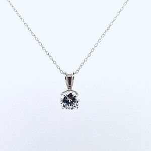 Vintage Estate 925 Sterling Silver Solitaire Pendant Necklace 18” Chain CZ